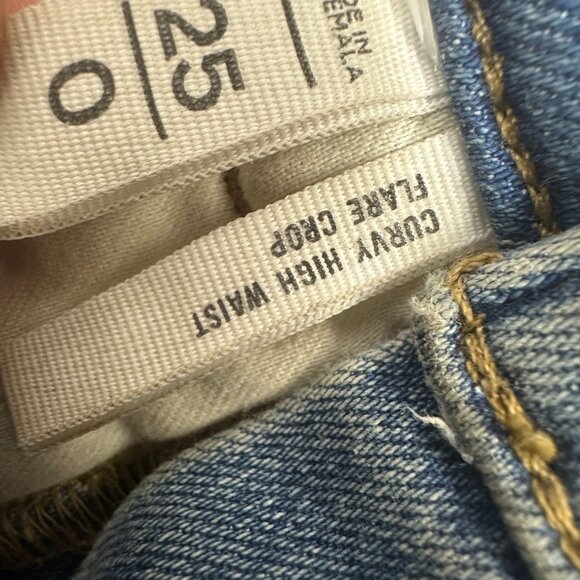 Loft Curvy High Waist Flare Crop Denim Jeans Size 0 Distressed Hem Blue - Picture 5 of 7